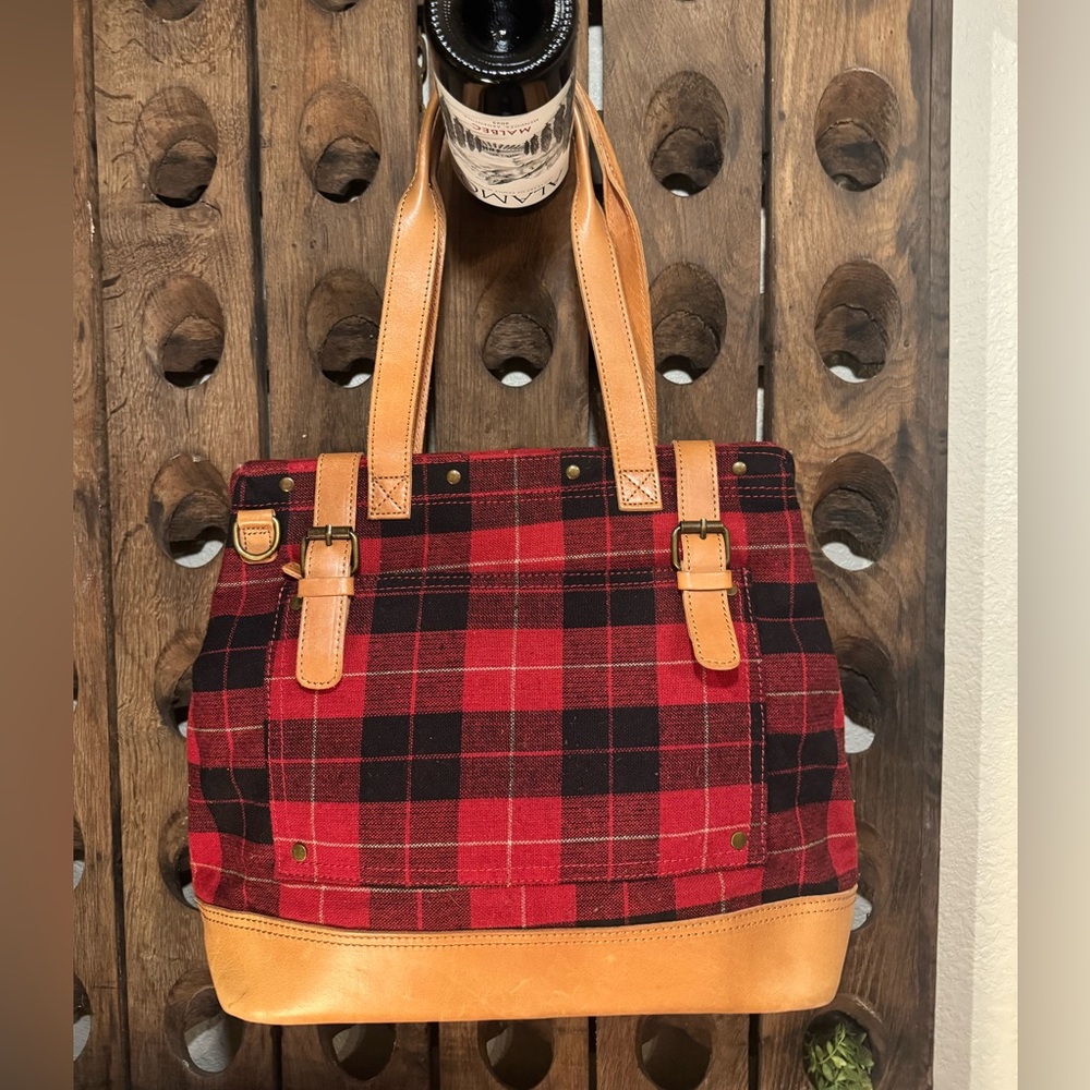 Vintage L.L. Bean Wool Plaid Tote Bag Leather Trim Classic Red Black